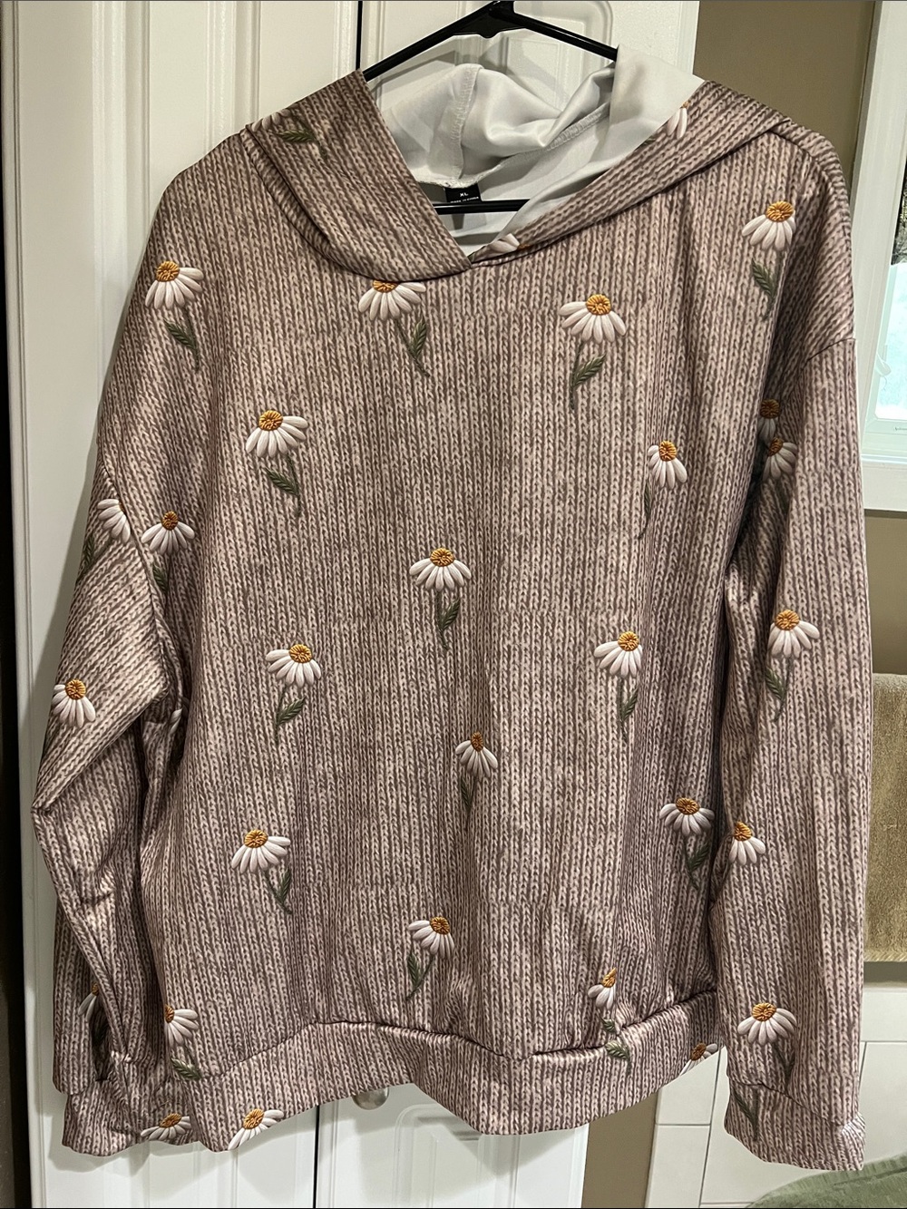 Cozy Daisy Knit-Pattern Hoodie Sweater in Taupe
